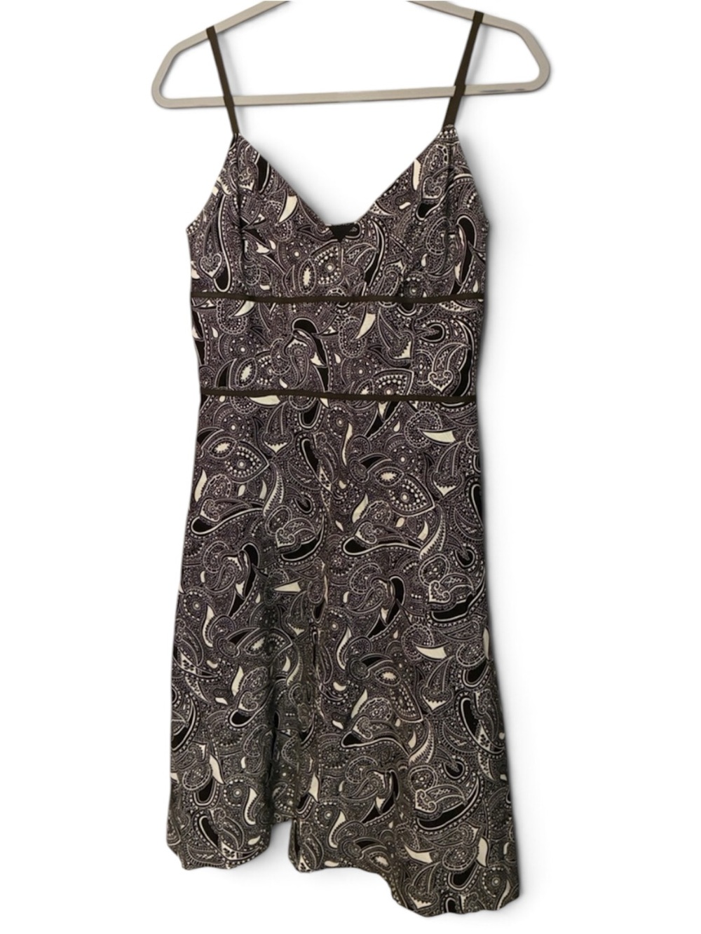 LOFT Brown & White Paisley Midi Dress Fit & Flare Spaghetti Straps Lined Size 4